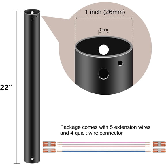 22" Ceiling Fan Downrod, 1" Outside DiameterMatte Black Extension Downrod Including 5 Extension Wires and 4 Wiring Clips(No Threads)