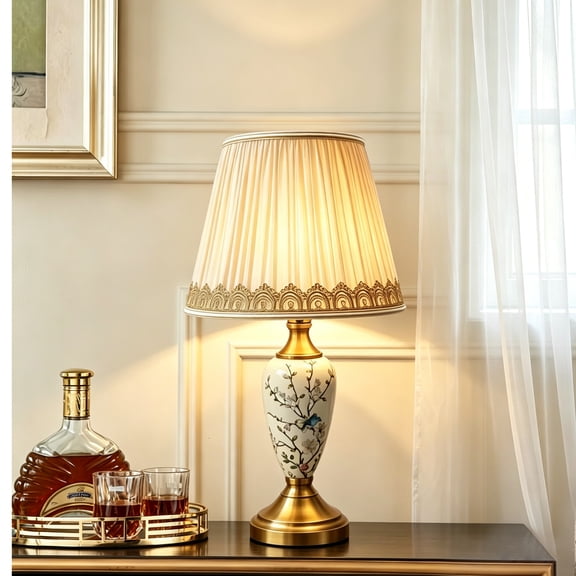 22" Ceramic Table Lamp with Pleated Fabric Shade, Vintage Accent Bedside Lamp for Living Room, Bedroom, Nightstand