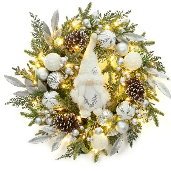 22" Christmas Wreath,Pre-Lit Artificial Xmas Wreath with 30 Battery Operated Led Lights, Winter Holiday Decoration with Silver White Balls, Pinecones, and Berries for Indoor Outdoor