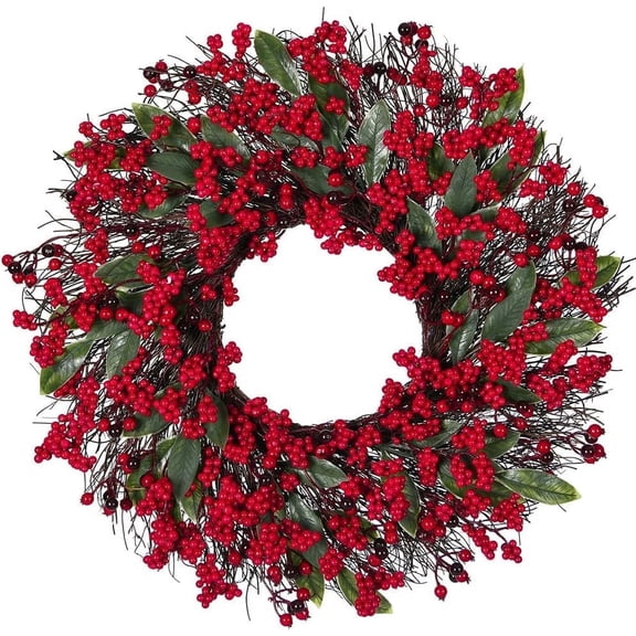 19 inches Christmas Wreaths Red Berry Wreath, Xmas Wreath with Berries for Front Door, Holly Winterberry Wreath for Home Christmas Wall Fireplace Window Party Holiday Decor