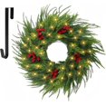 thumbnail image 1 of 22" Christmas Wreaths, with Led Lights & Red Berries, Wreath Hanging for Wall Farmhouse Window Front Door Xmas Decor, 1 of 12