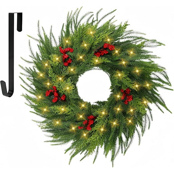 22" Christmas Wreaths, with Led Lights & Red Berries, Wreath Hanging for Wall Farmhouse Window Front Door Xmas Decor