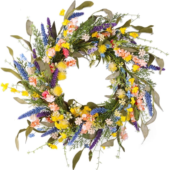 22" Colorful Wildflower Spring Summer Wreath with Green Leaves, Floral Artificial Wreath for Front Door Home Wall Wedding Farmhouse Holiday Outdoor Indoor Décor (Yellow)
