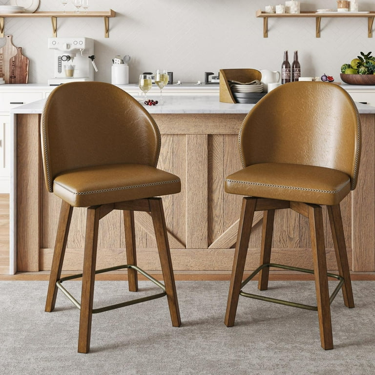 22 Counter Height Bar Stools Set of 2 Faux Leather Swivel Upholstered Barstools with Back Solid Wood Legs Kitchen Camel Walmart