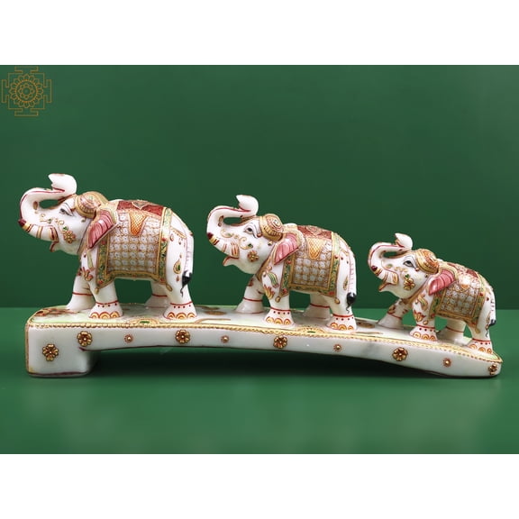 Exotic India 22" Marble Decorative Marble Elephant Family Statue White Marble | Living Room Decor