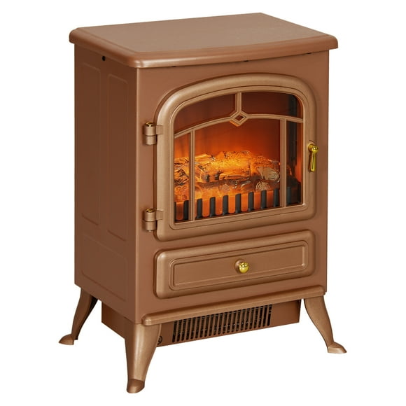 22" Electric Fireplace Heater, Freestanding Fire Place Stove with Realistic LED and Logs, and Overheating Protection, 750W/1500W, Dark Brown Brown + Metal