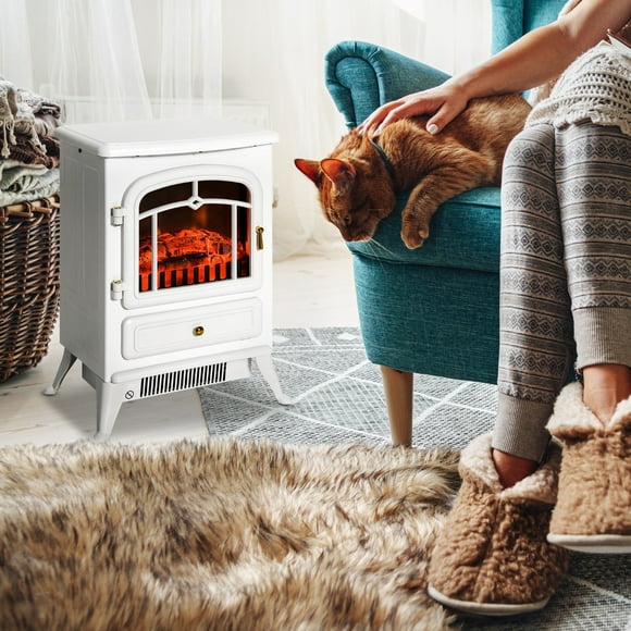 22" Electric Fireplace Heater, Freestanding Fire Place Stove with Realistic LED Flames and Logs, and Overheating Protection, 750W/1500W, White