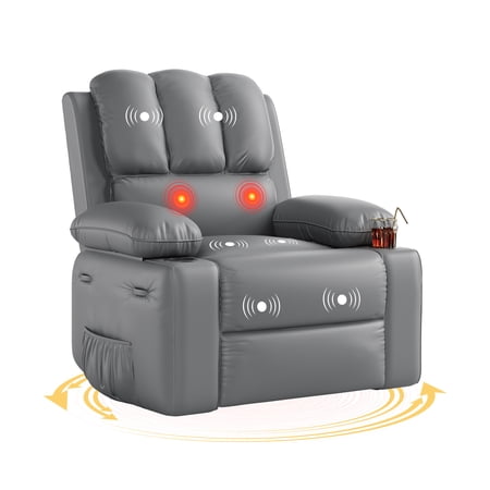 22" Extra-Large Swivel Recliner Chair with Heat & Massage, 360° Manual Rotation, 30° Rocking Function, PU Leather, Remote Control