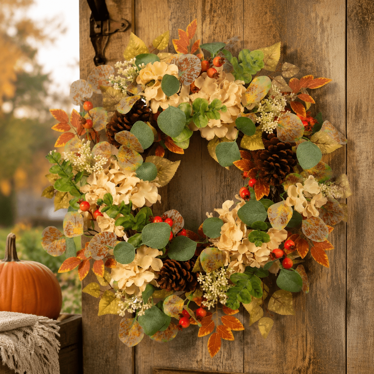22 in Fall Hydrangea Wreath with Eucalyptus, Pinecones Orange Berries ...