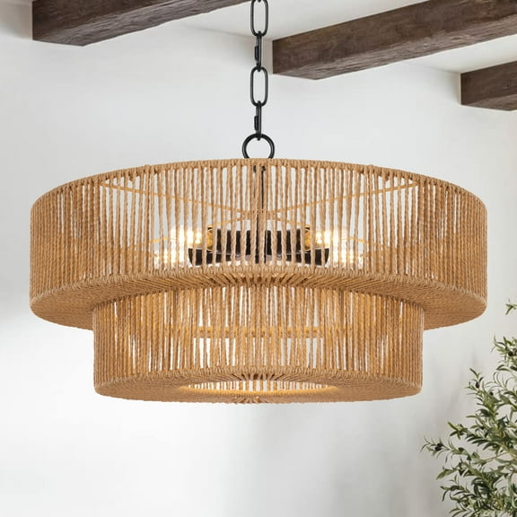 22"Farmhouse Hand-Woven Rattan Chandeliers for Dining Room 5-Light Boho Chandelier with Hand Woven Wicker Shade 3-Tier Large Rattan Pendant Lights Ceiling Hanging Lighting Kitchen Island