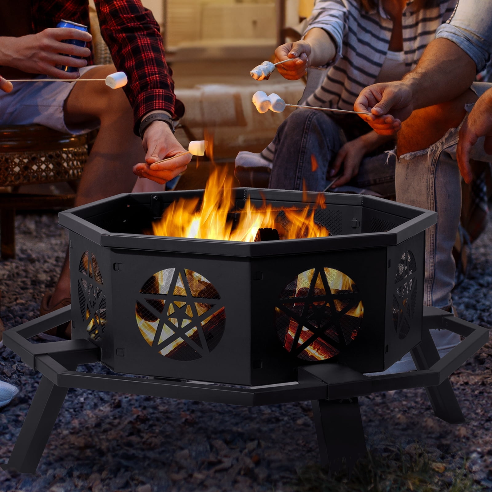 35" Fire Pit for Patio, HexShaped Steel Fire Pit with Flame-Retardant Lid, Outdoor Metal Fire Pit with Storage Shelf, Multifunctional Heater/Grill/Ice Pit for Backyard Patio Garden BBQ Grill, S7645