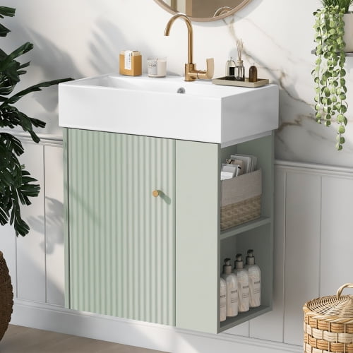 22" Floating Design Bathroom Vanity with Storage, Modern Minimalist Bathroom Vanity with Ceramic Sink, Freestanding Storage Cabinet with Soft Close for Small Bathroom, Green
