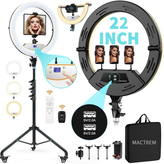 22" Foldable Ring Light with Stand for iPhone ipad, 75" Tripod with Wheels 50W 6500K LED Display/2 USB Ports Large Ringlight Rolling, Tattoo Barber Makeup Studio Video Photography Lighting