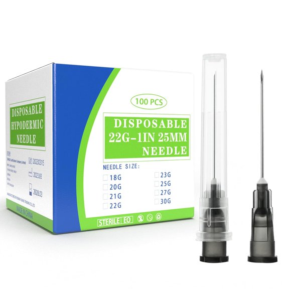 22 Gauge 1 Inch Needle with Caps, Sterile Disposable Luer Lock Lab Accessories Needles, Individually Wrapped, 100 Pack