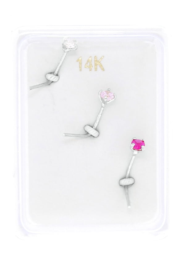 22 Gauge L-Shaped 14K White Gold 2MM White, Pink, and Red Cubic Zirconia Nose Ring Set