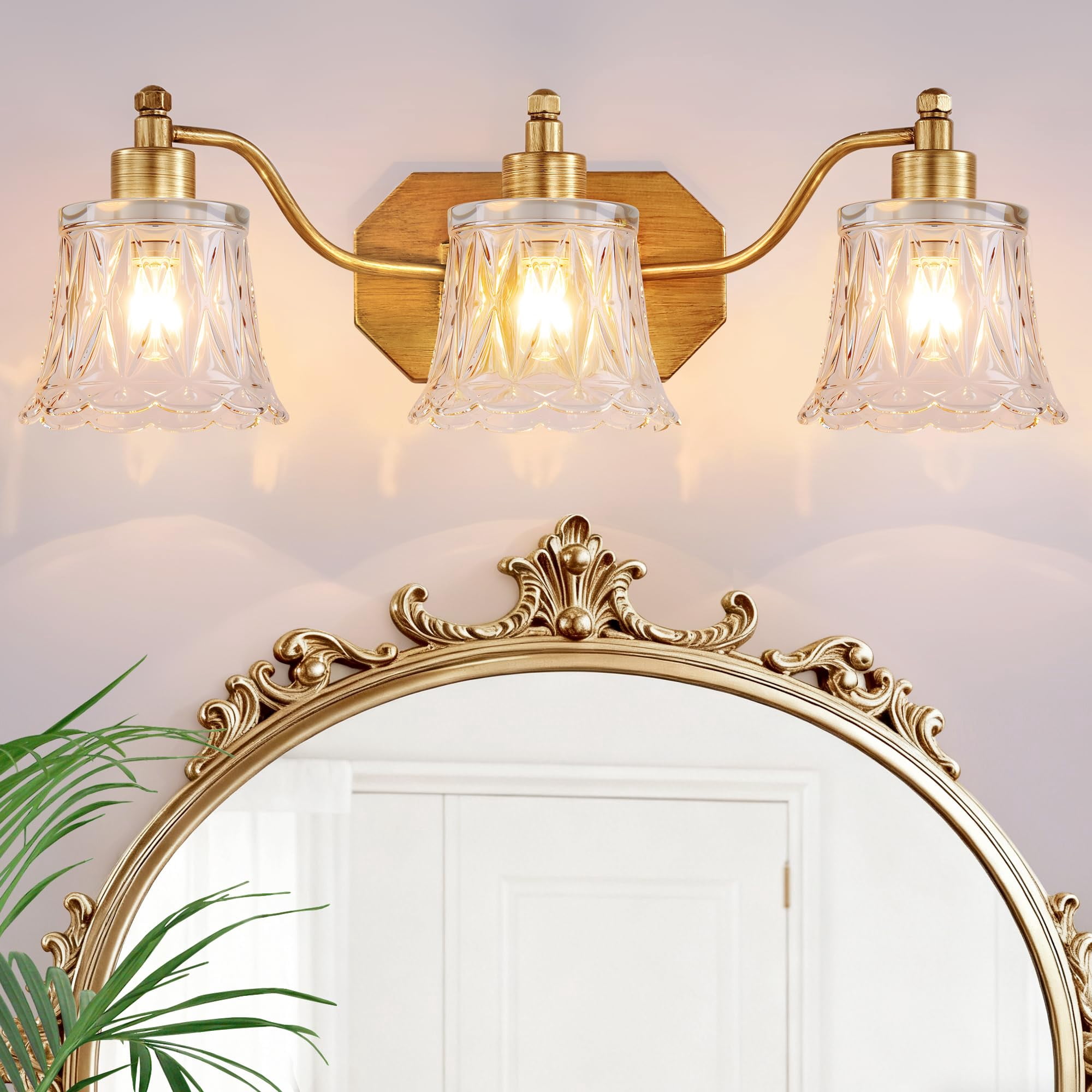 22" Gold Bathroom Light Fixture  3 Brass Vintage Vanity Antique Finish With Crystal Glass Shade Suit For Bedroom Or Hallway