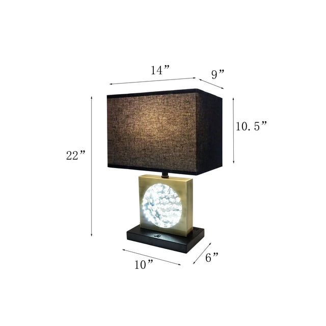 22" Gold Crystal Lamp – Square Base w/ Black Shade, USB + Outlet, Night