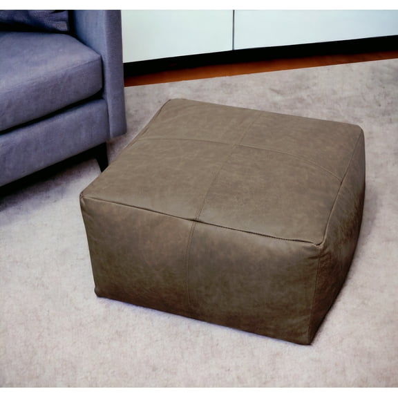 22" Gray Brown Distressed Leather Pouf Ottoman