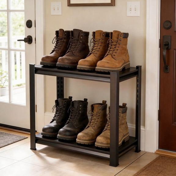 22"H 2-Tier Shoe Rack,Heavy Duty Metal Storage Shelf, 1000LBS Adjustable Shoe Storage Shelves with Two-Layer Panels & Thickened Columns for Home Bedroom Office, 14"W x 12"D Black