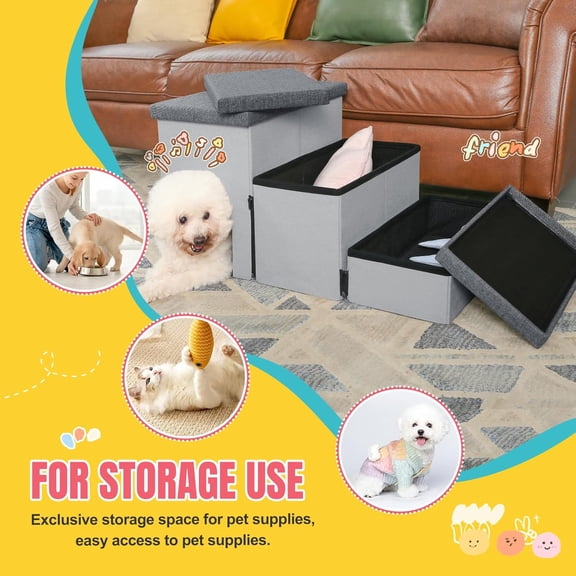 22"H Grey-Dark Grey 3-Step Folding Pet Stairs - Condo & Storage, Non-Slip for Small Dogs/Cats (High Beds/Couches)