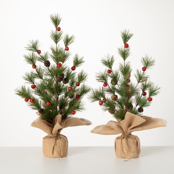 22"H and 24"H Sullivans Pine Tree With Bells - Set of 2, Green