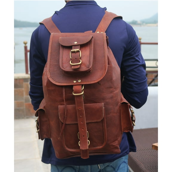 22" Handmade Vintage Leather Retro travel rucksack backpack Laptop bag for men women