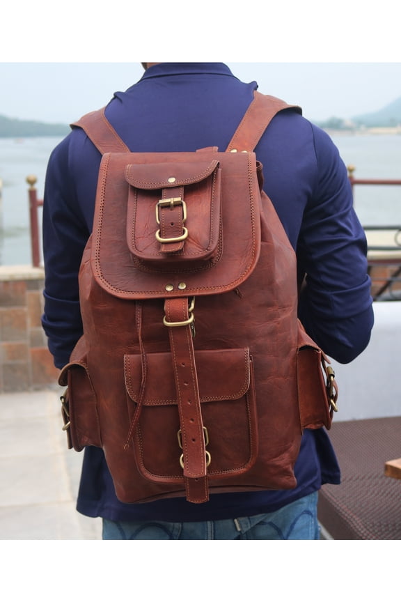 22" Handmade Vintage Leather Retro travel rucksack backpack Laptop bag for men women