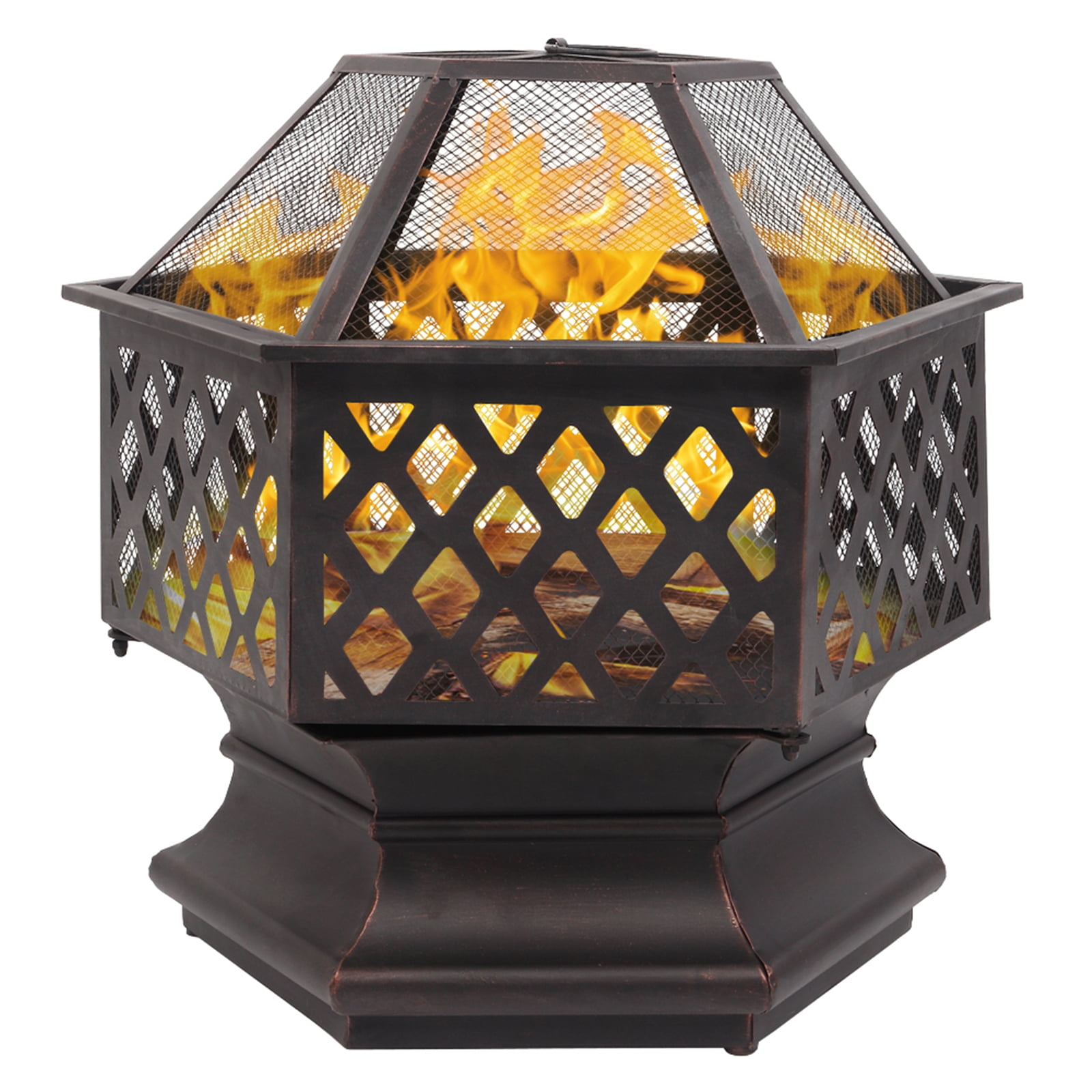 22" Hexagonal Iron Brazier, Deep Fire Pit with Spark Guard, Heat-Resistant Paint, Lightweight for Yard,Poolside,Backyard, Distressed Bronze
