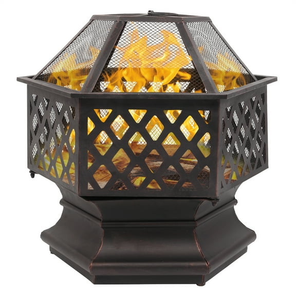 22" Hexagonal Iron Brazier, Deep Fire Pit with Spark Guard, Heat-Resistant Paint, Lightweight for Yard,Poolside,Backyard, Distressed Bronze