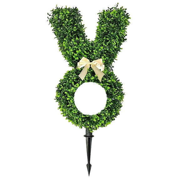 22" Hollow Easter Rabbit Topiary Stake - DIY Wreath Belly Bunny Statue for Egg Hunt Sign Holder - Customizable Spring Holiday Garden Decor - Festive Champagne Bow Yard Art Prop