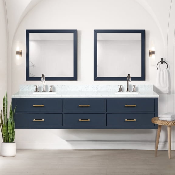 22 In. D Blue Double Bath Vanity With Marble Top And 36 Mirrors - Solid Wood Build, Panels Soft Close Slab Countertop Surface Plywood Shower Bases