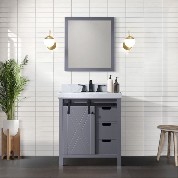 22 In. D Dark Grey Bath Vanity, Marble Countertop, Faucet & 28 Mirror - And Charming Design 31.39 W X Top, Scratch Stain