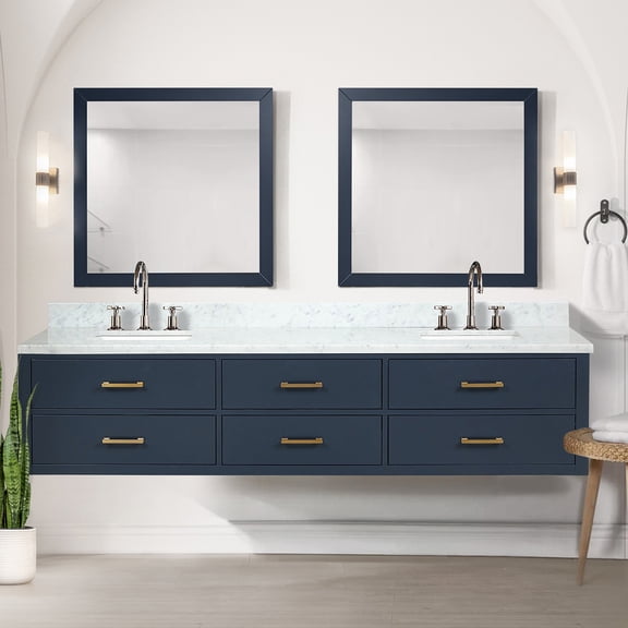 22 In. Deep Blue Double Bath Vanity With Marble Slab Counter & Mirrors - Solid Wood, Soft Close Sinks 84 Wide Surface Bathroom Storage