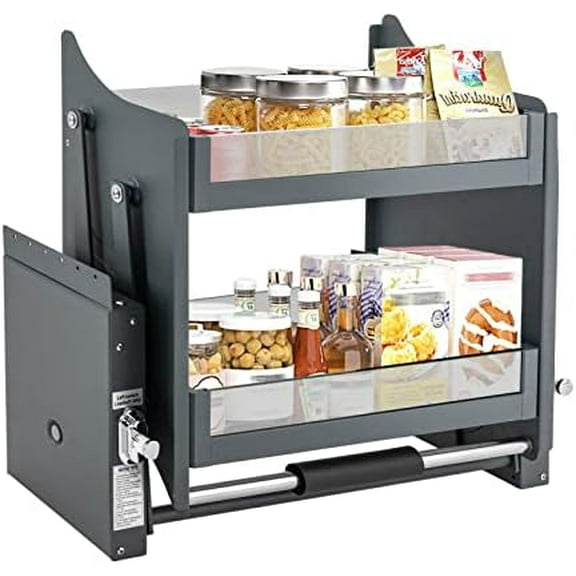 22 Inch 2 Tier Pull Down Cabinet Organizer, Heavy Duty Pull-Out Cabinet Shelf Drop Down Sliding Shelf Kitchen Cabinet Pull Down with Space Saving Wall Mounted for Tall Kitchen Upper.