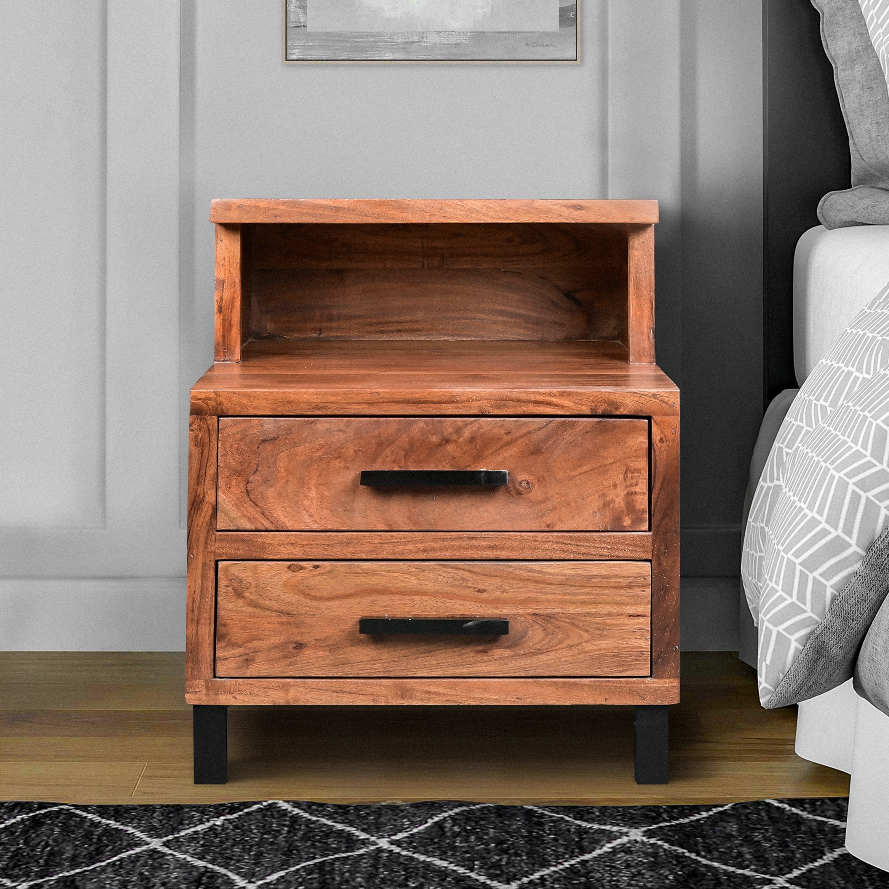 22 Inch Acacia Wood Nightstand, Bedside Table with 2 Drawers and Open Cubby, Walnut Brown - image 1 of 5