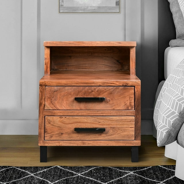 22 Inch Acacia Wood Nightstand, Bedside Table with 2 Drawers and Open Cubby, Walnut Brown
