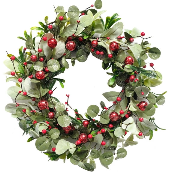 22 Inch Artificial Christmas Wreath for Front Door Flocked Lambs Ear Wreath with Red Berries Pine Needles Pinecones Christmas Decorations for Wall Outdoor Home Holiday Xmas Decor