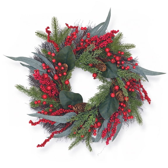 22 Inch Artificial Christmas Wreath with Pine & Double Red Berries – Unlit Faux Greenery Holiday Door Wreath for Porch, Wall, Mantel – Reusable PE/PVC Indoor Outdoor Farmhouse Christmas Decoration