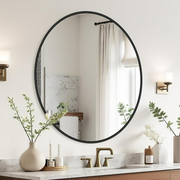 22 Inch Black Round Circle Mirror for Wall, Modern Bathroom Mirror with Simple Metal Frame, Entryway, Bedroom Vanity, Living Room Decor (Matte Black, Wall Mounted)