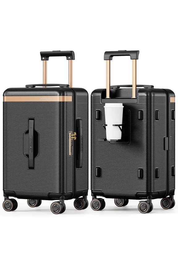 22 Inch Carry Luggage with Cup Holder, Hard Shell Suitcases with Shock Absorbing Spinner Wheels and -resistant Frame, Lightweight Carry- Luggage with TSA Lock, Black