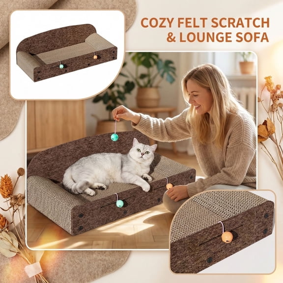 22-Inch Cat Scratcher Bed, Durable Cardboard Scratching Pad for Indoor Cats Caramel Sofa Couch Lounger with Interactive Toys & Furniture Protector