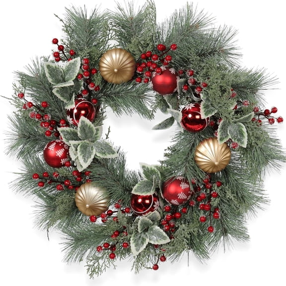22 Inch Christmas Wreath for Front Door, Artificial Frosted Wreath with Red & Gold Ornaments, Berries & Snowy Holly Leaves, Elegant Holiday Decoration for Home Indoor Outdoor