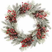 22 Inch Christmas Wreath for Front Door, Frosted Norfolk Pine Wreath with Red Berries & Pine Cones, Winter Wreaths for Wall, Bedroom, Back Door Holiday Decor