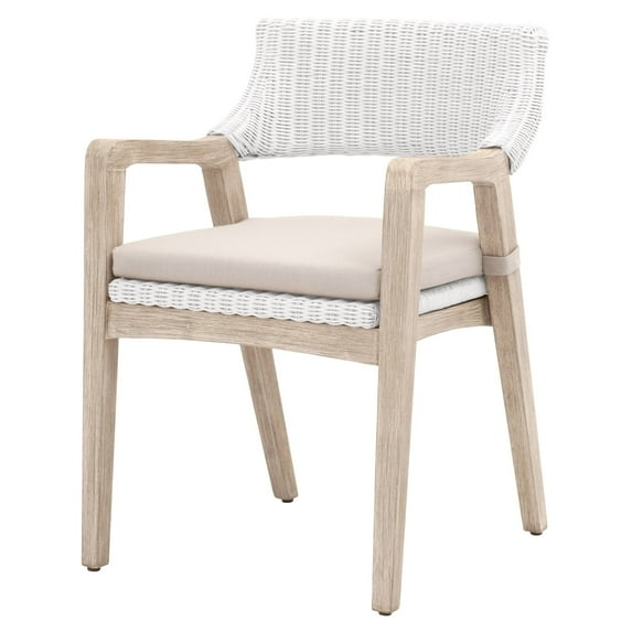 22 Inch Classic Wood Armchair, Rattan, Double Cushion, White, Gray Fabric