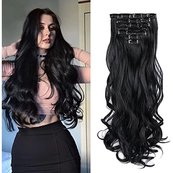 22 Inch Clip In Hair Extensions 7 count Long Wavy Synthetic Black Hair Extension & Soft Invisible Clip Thick Hairpieces for Women Daily(20Inch, 7 count, Black)