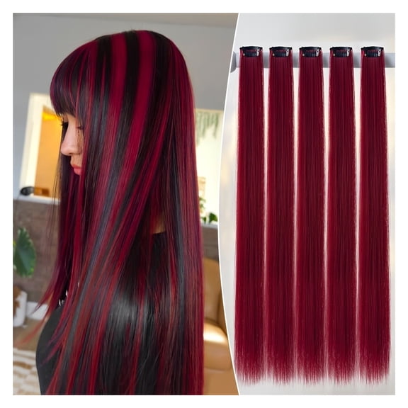 22 Inch Clip In Hair Extensions for Women 5 Pack - Synthetic Hair Wigs with Colorful Highlights for Party Festival Daily Wear