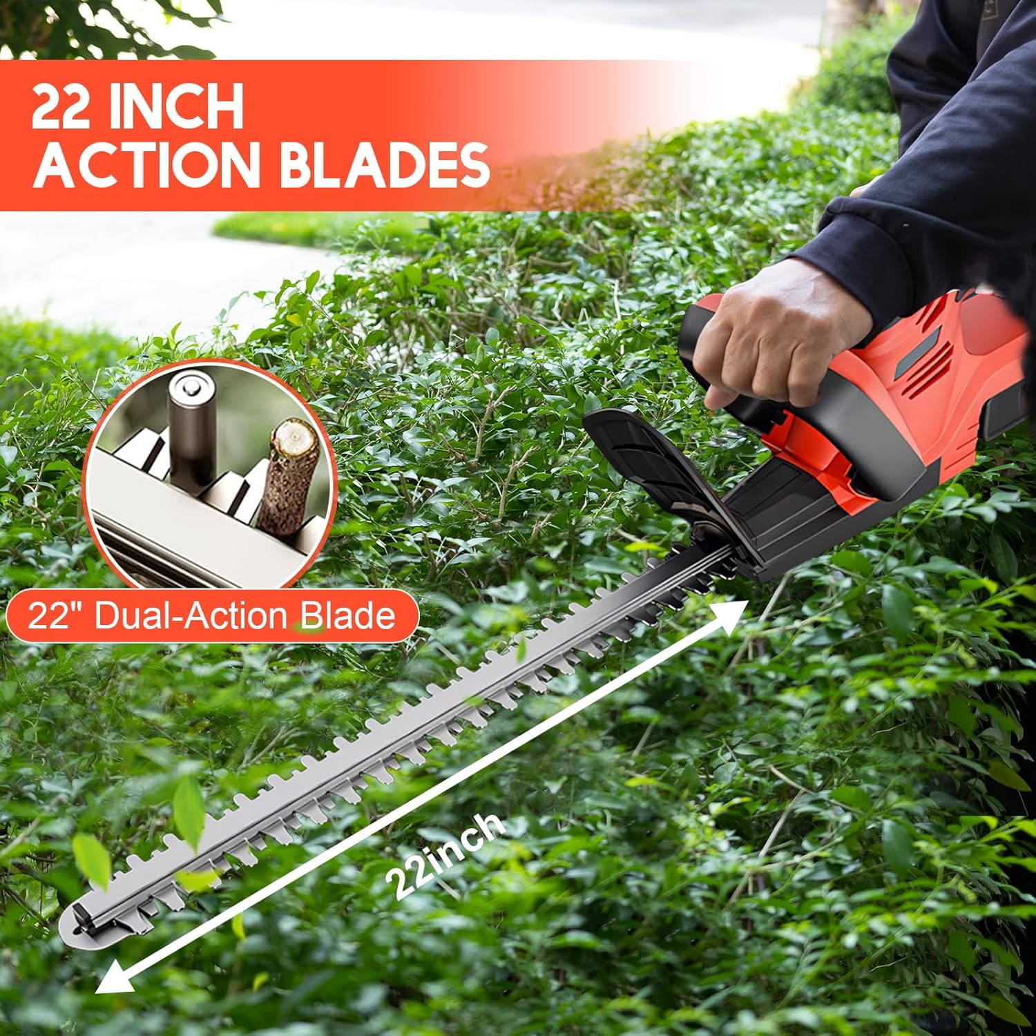 22 Inch Cordless Hedge Trimmer with Double-Action Blade and 2-Pack Batteries for Garden Pruning