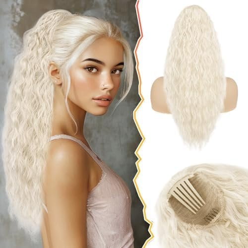 22 Inch Curly Wavy  Blonde Drawstring Ponytail Extension - Synthetic Comb Clip in Ponytail Hair Extensions for Women - Voluminous Fluffy Curly Blonde Pony Tails Hairpieces