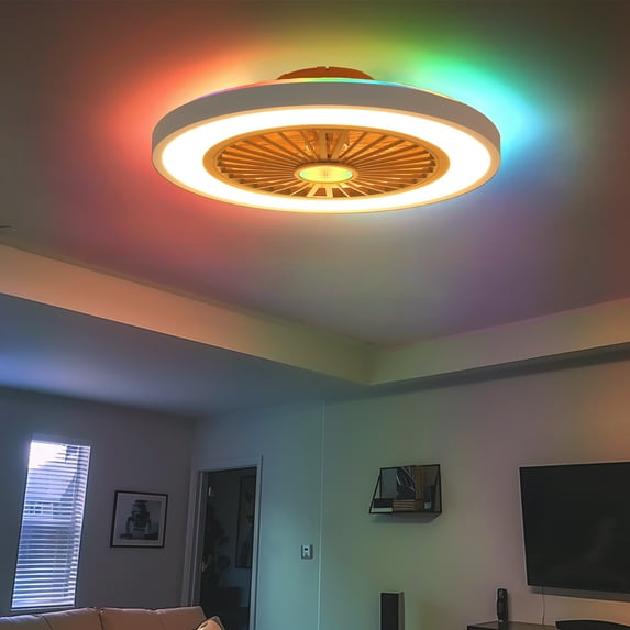 22 Inch Enclosed Ceiling Fans With Lights And Remote, Updated 3 In 1 3000lm Bright LED Lighting With RGBW Multi-Color Nightlight,Dimmable, 6 Speeds, Reversiable,Flush Mount, Low Profile