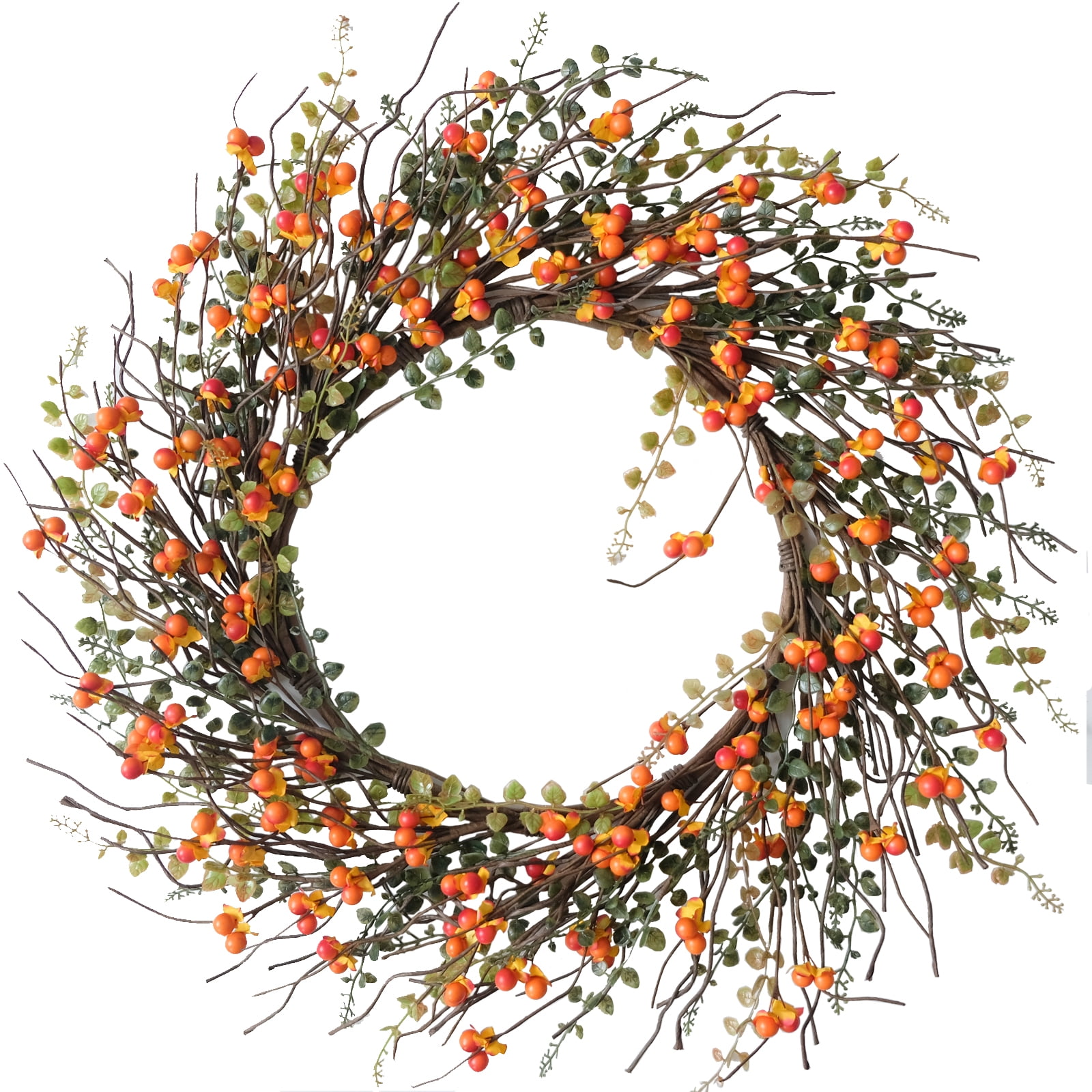 20" Berry Vine Fall Wreath with Branch and Leaves, Autumn Artificial ...